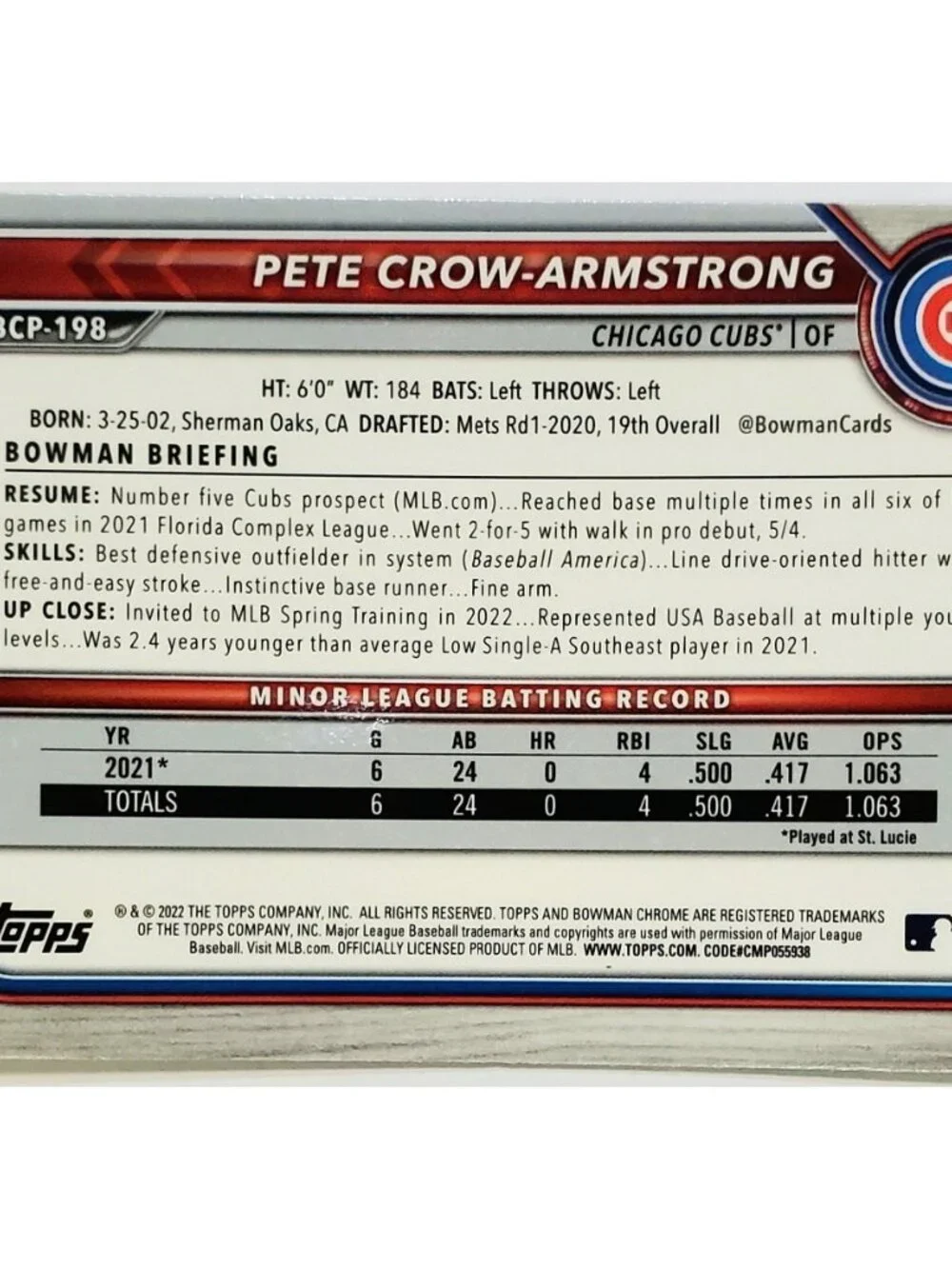 PETE CROW-ARMSTRONG ROOKIE MOJO REFRACTOR 2022 BOWMAN CHROME #BCP-198, CUBS